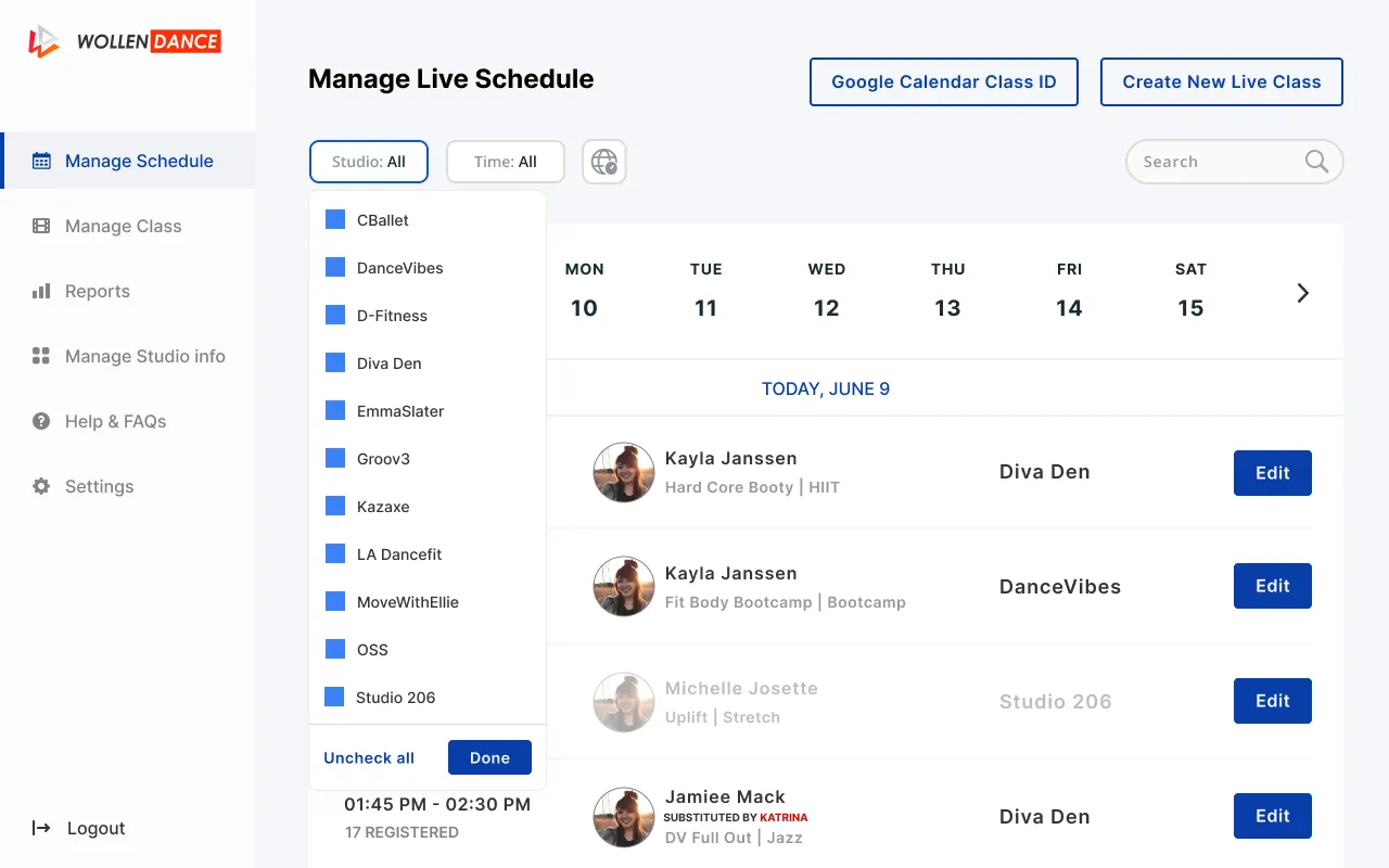 The WollenDance admin tool — the Manage Live Schedule view, filtering the shared calendar by studio.