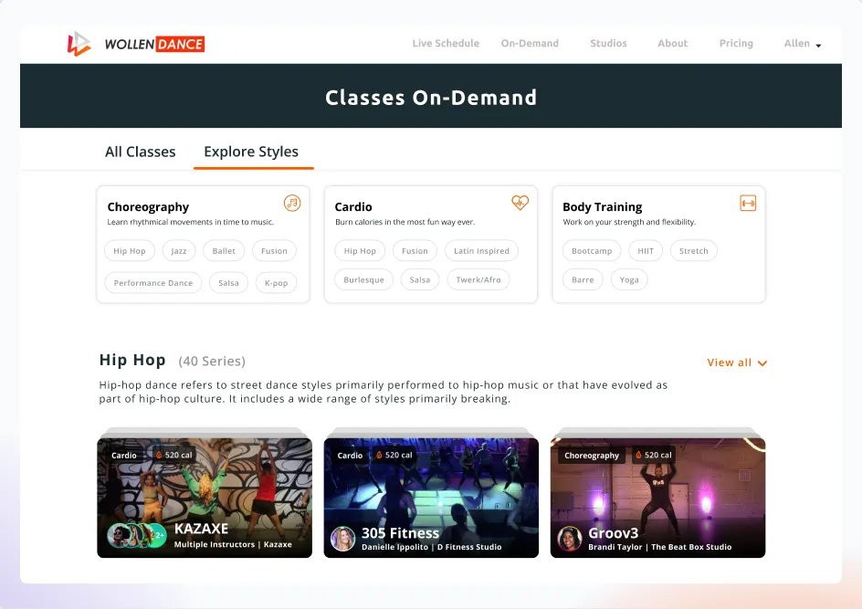 The redesigned Classes On-Demand page — an Explore Styles tab grouping classes into Choreography, Cardio, and Body Training, with a Hip Hop series row below.