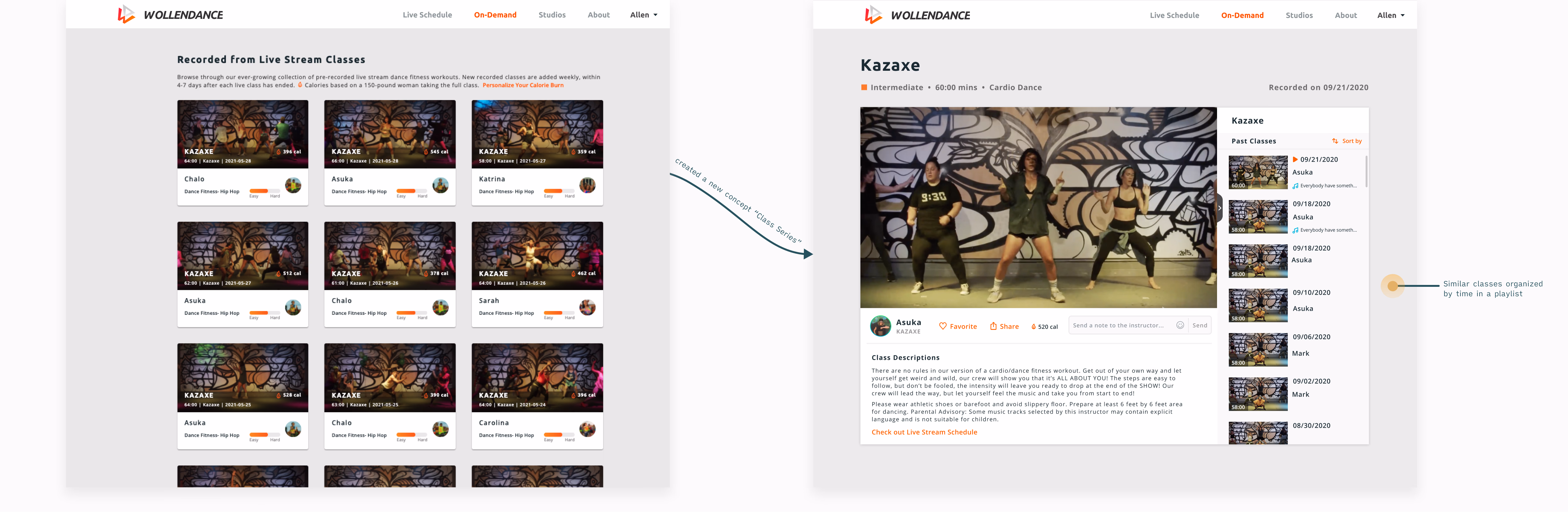 The Class Series concept — a gallery of recorded classes linking to a detail page with similar classes organized by time in a playlist.