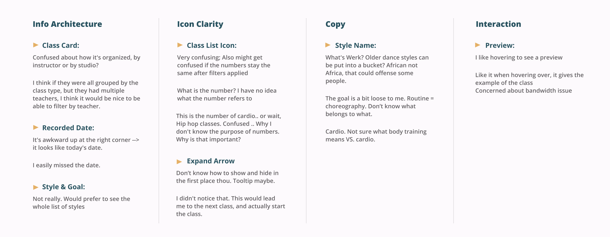 Four-column synthesis of testing feedback: Info Architecture, Icon Clarity, Copy, and Interaction.