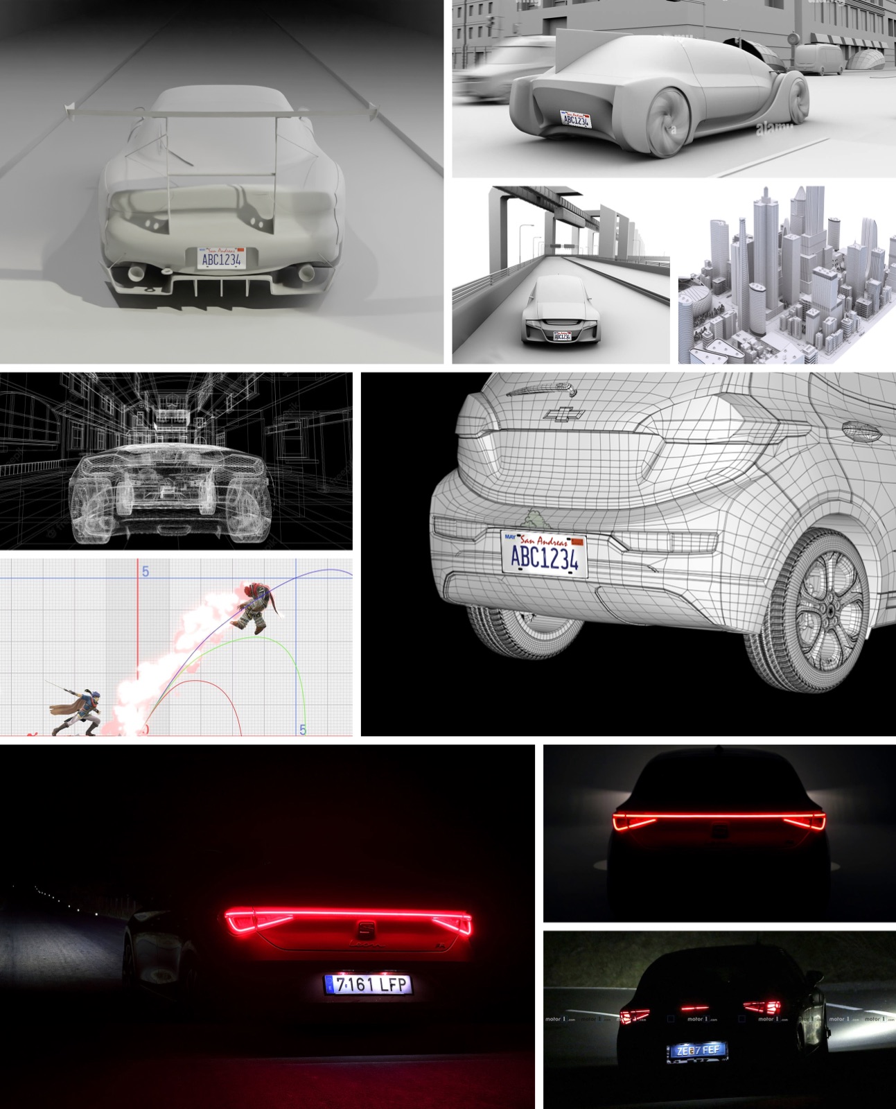 Exploration of minimal car representations — clay shapes, wireframes, dark lighting