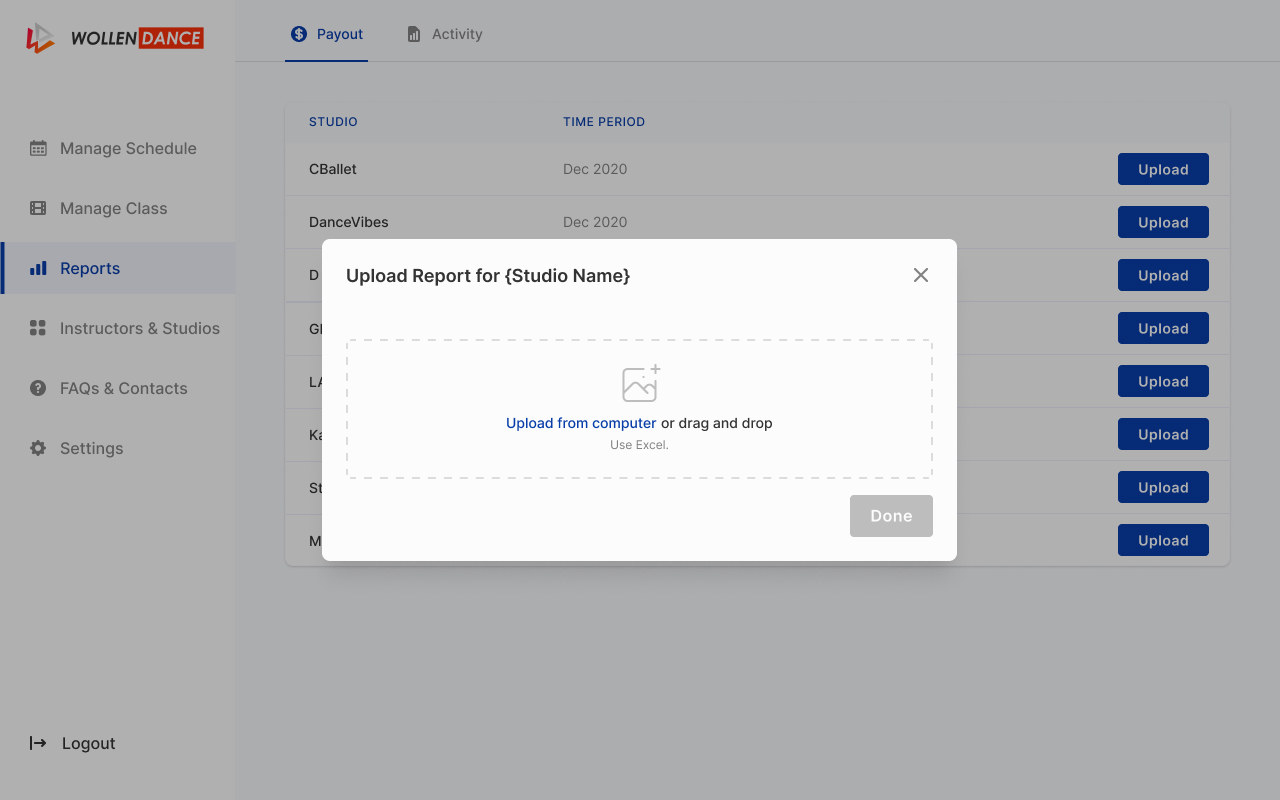 The billing screen — a per-studio payout table with an 'Upload Report' dialog for a studio's Excel export.