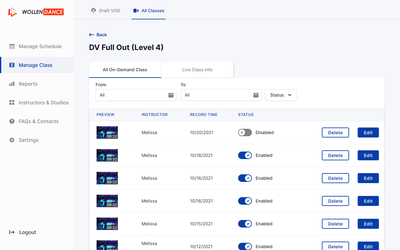 The class management screen — a class's recordings listed with instructor, record time, and publish toggles.