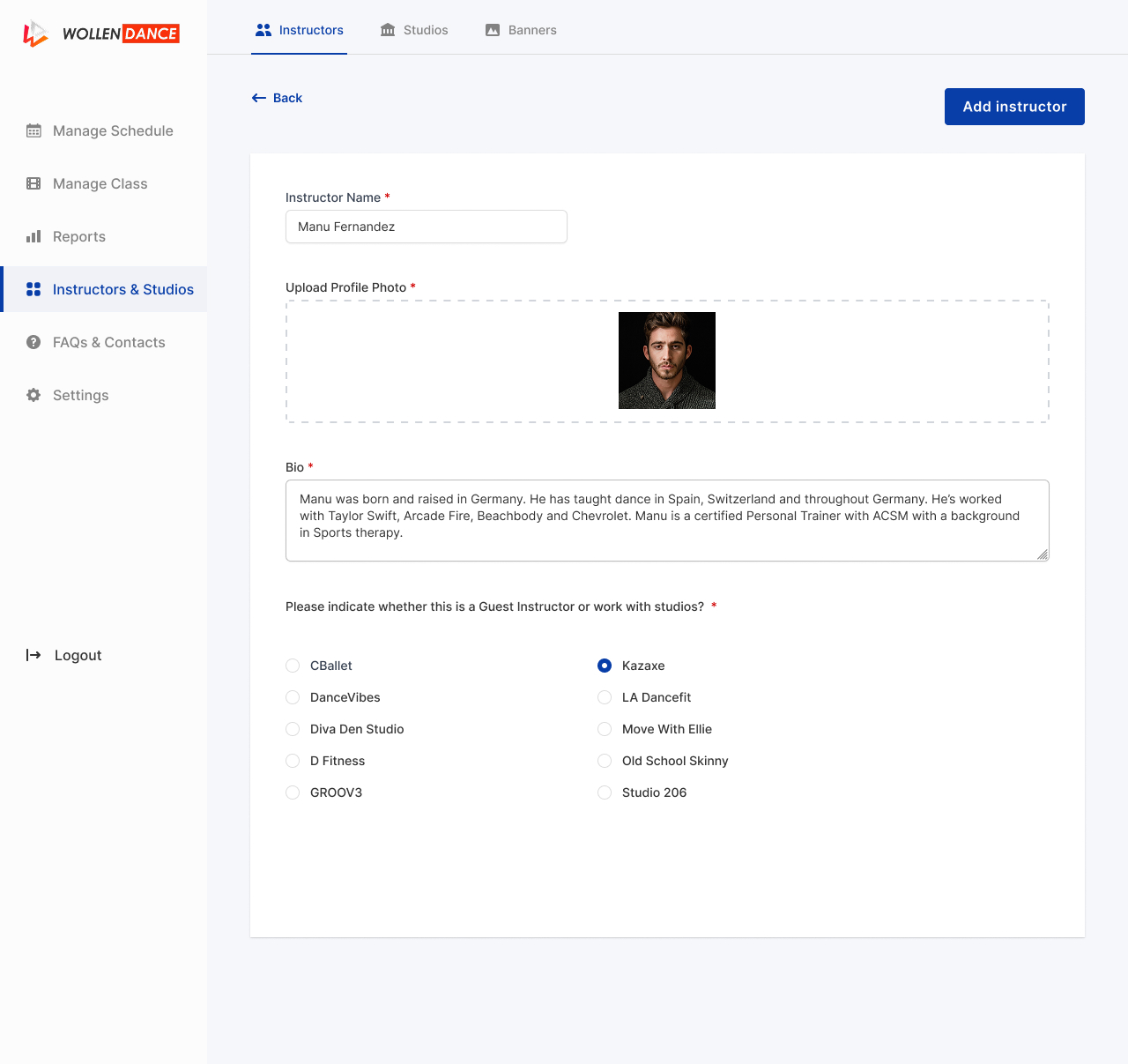 The instructor profile screen — name, profile photo, bio, and the studios an instructor teaches for.