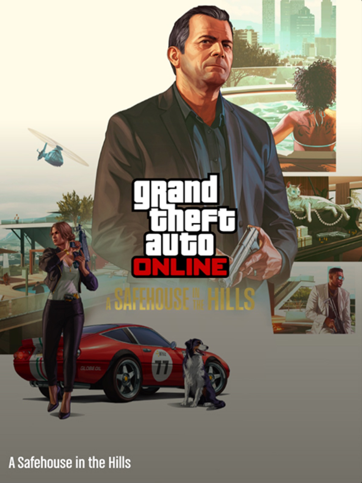 GTA Safehouse key art with a gradient covering the characters