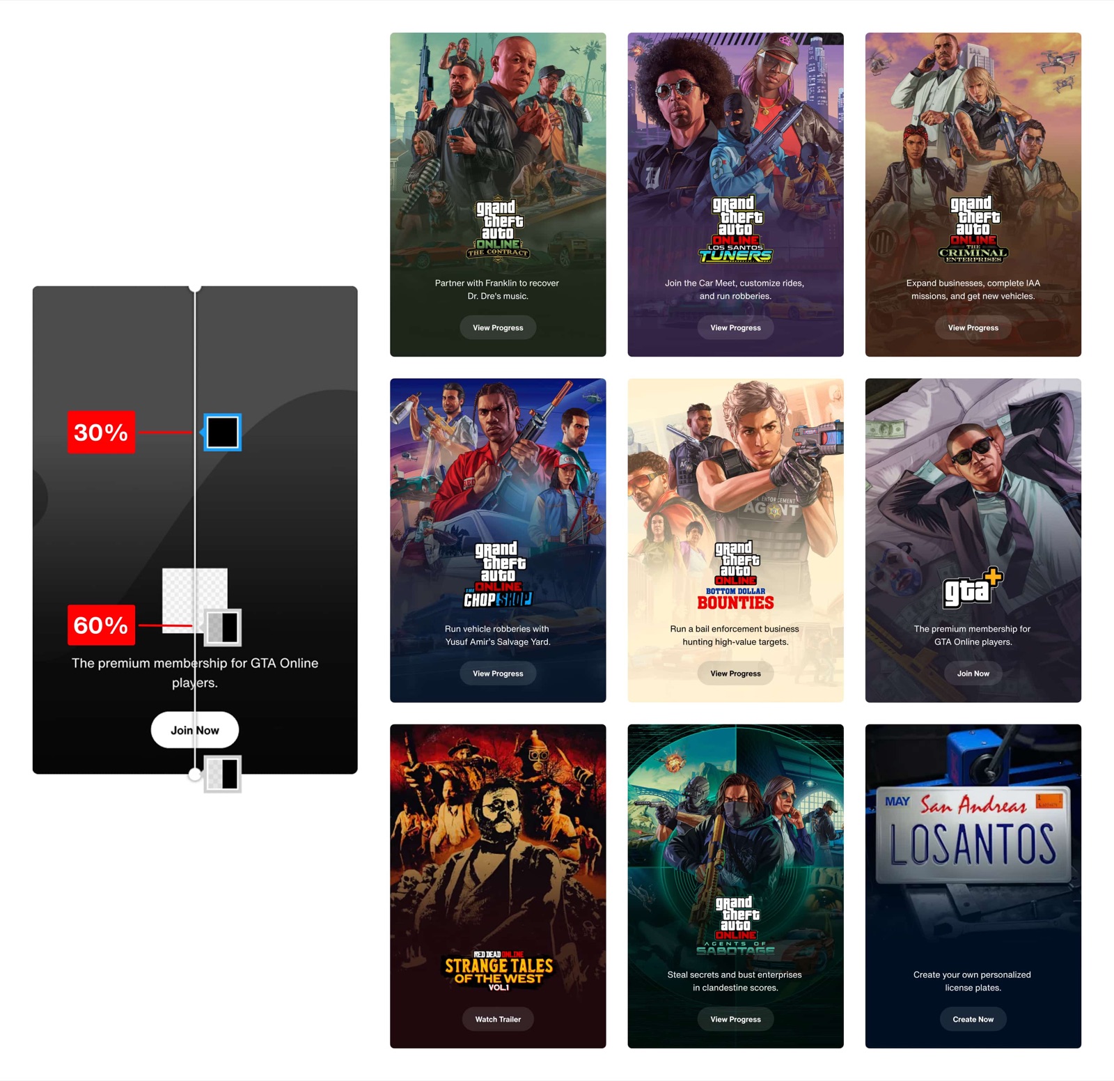 Gradient stops tuned per card, applied across a gallery of themed cards