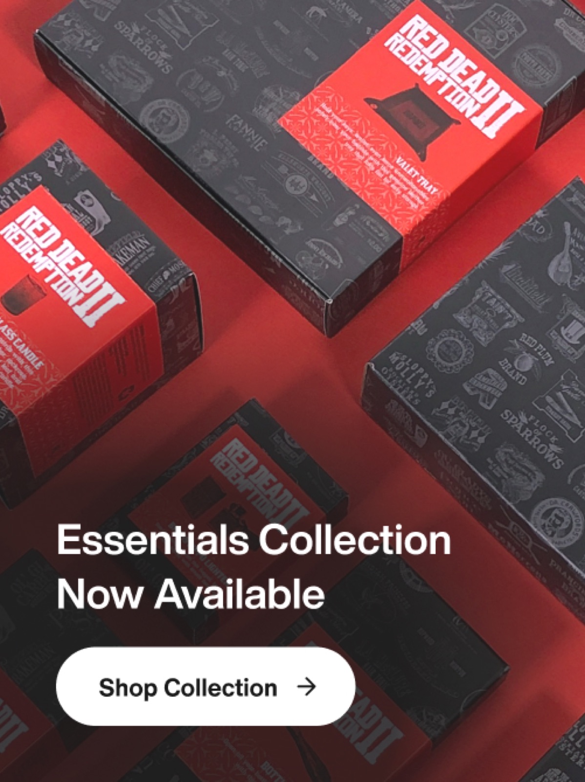RDR2 Essentials Collection card, heavy red gradient flattening the boxes